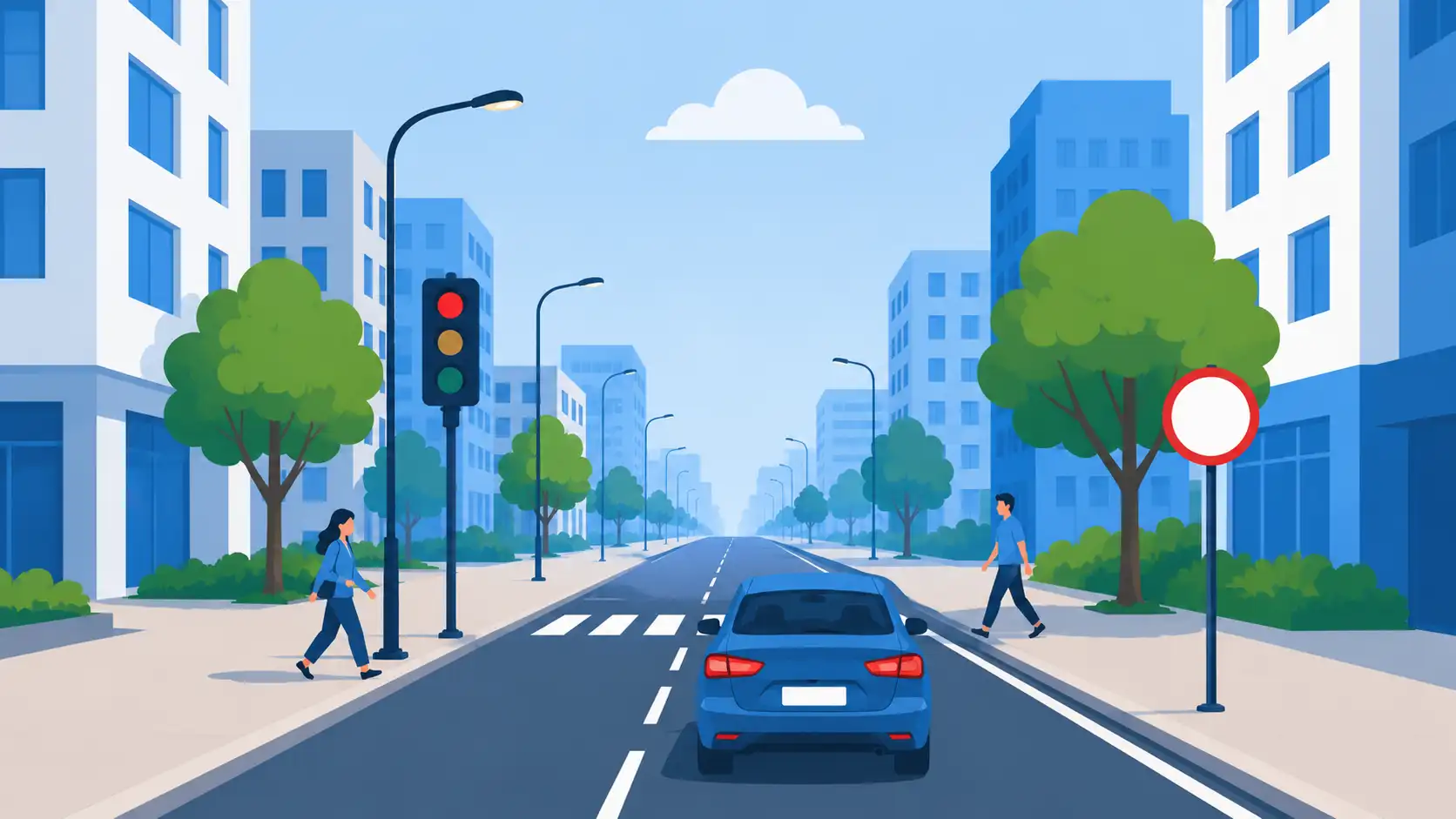 ilustración de vehículo circulando por la ciudad y peatones a punto de cruzar