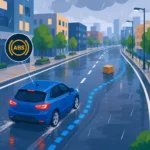Vehículo frenando con sistema ABS en una ciudad lluviosa.
