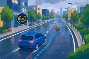 Vehículo frenando con sistema ABS en una ciudad lluviosa.